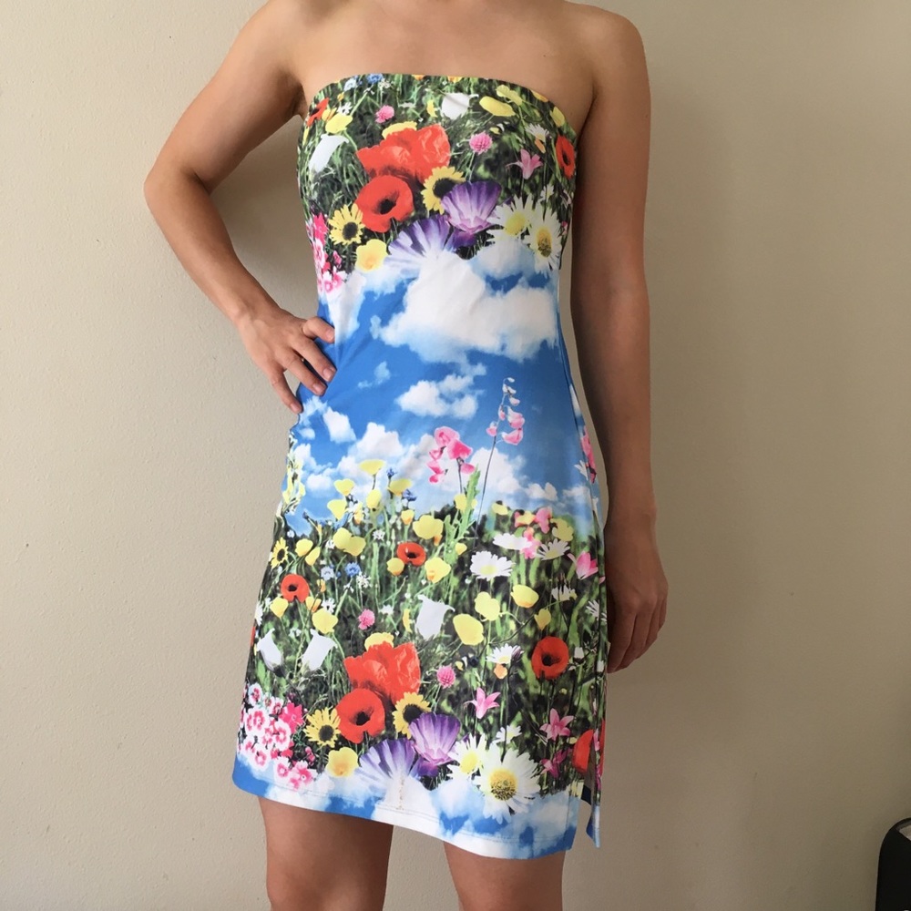 Strapless Mini Dress Flower Sky Print